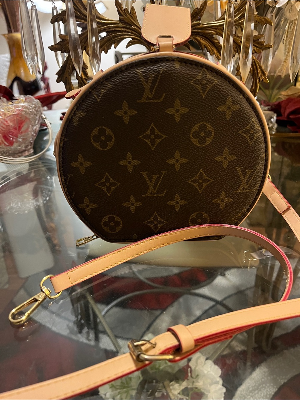 😎😎 Brown Monogram Round Crossbody with Natural & Red-Trim Strap😎🍋 NEW! - Picture 3 of 8